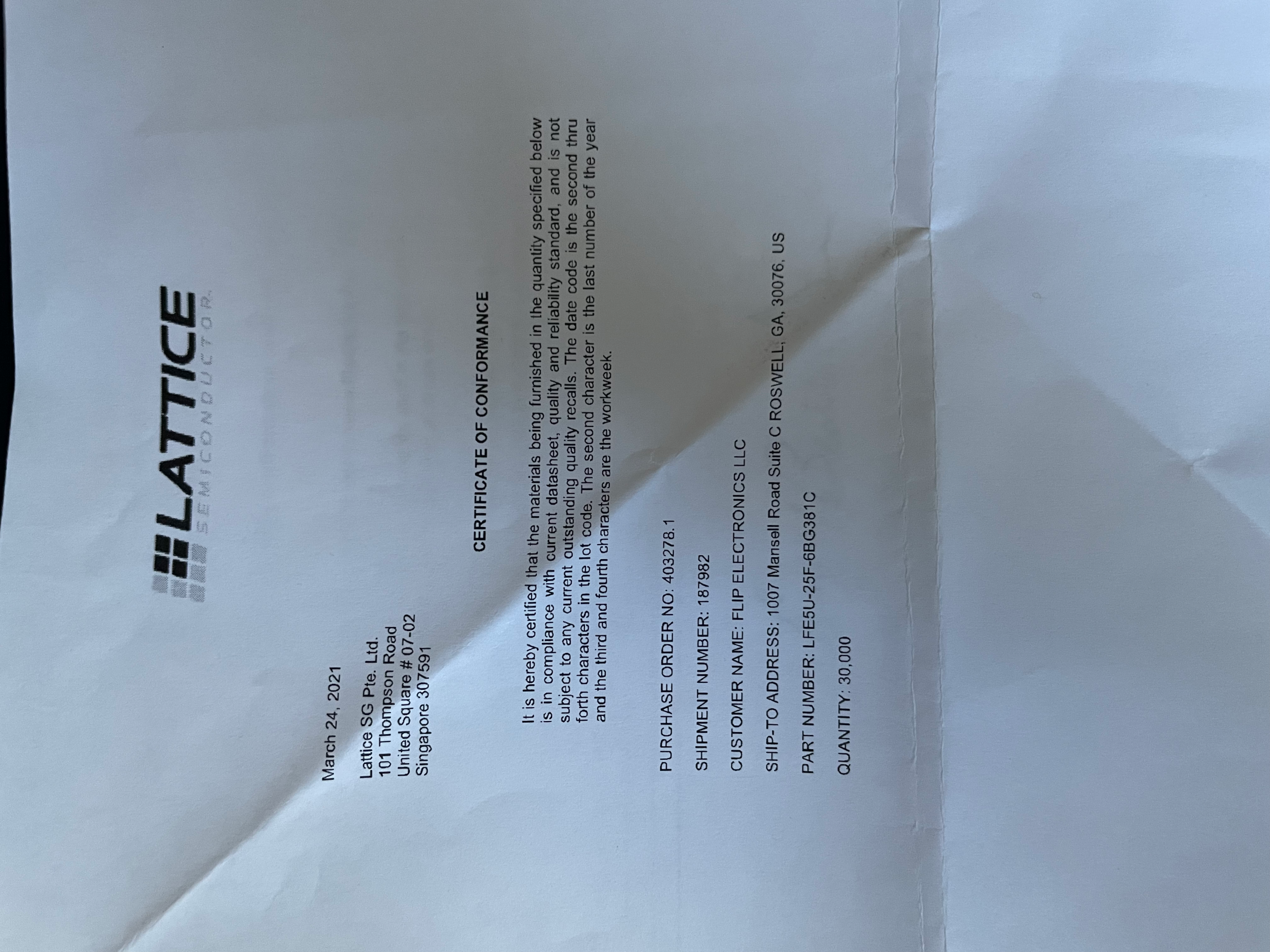 Lattice Semiconductor certificate of conformance document showing part number LFE5U-25F-6BG381C and authorized distributor shipment details